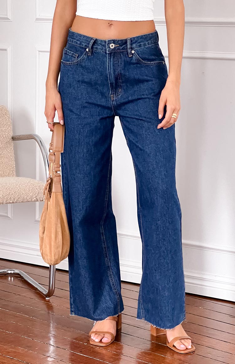 She's Yours Dark Wash Denim Wide Leg Boyfriend Jeans Image