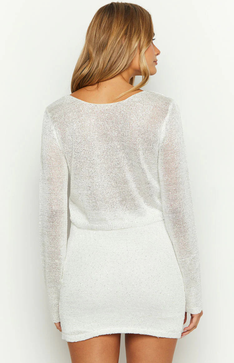 She's Glowing White Sequin Knit Mini Skirt