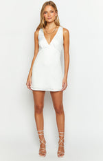 Front view of a white satin mini dress with a deep V-neck and gathered bust detail