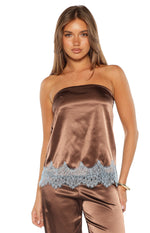 Brown satin strapless top with a relaxed fit and light blue scalloped lace trim at the hem