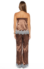 Back view of the brown satin strapless top with a relaxed fit and light blue scalloped lace trim