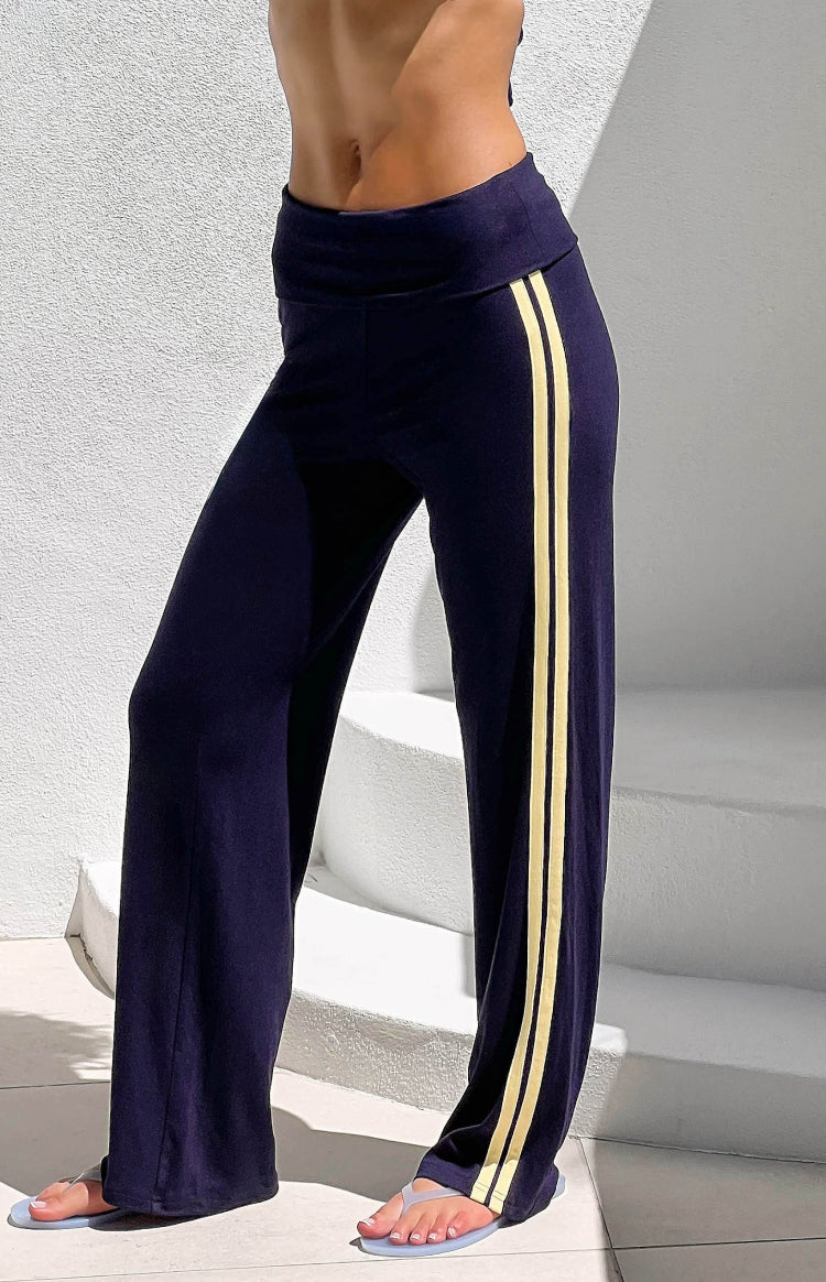 Beginning Boutique Sia Navy Contrast Stripe Foldover Jersey Pants navy jersey pants with a foldover waist and yellow double s