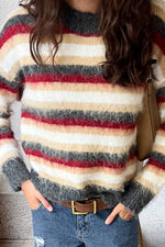 Beginning Boutique Sicily Multi Stripe Oversized Sweater multi stripe fluffy knit high crew neck oversized sweater
