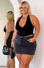 Siletto Black Denim Low Rise Mini Skirt