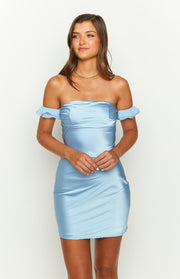Off-shoulder neckline with ruffled sleeves and ruched bust detail on a light blue satin mini dress