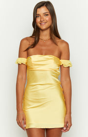 Front view of a yellow satin mini dress with an off-shoulder neckline and ruffled short sleeves