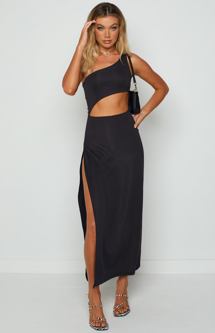 Fitted black one-shoulder maxi dress with a side waist cut-out and a high thigh split