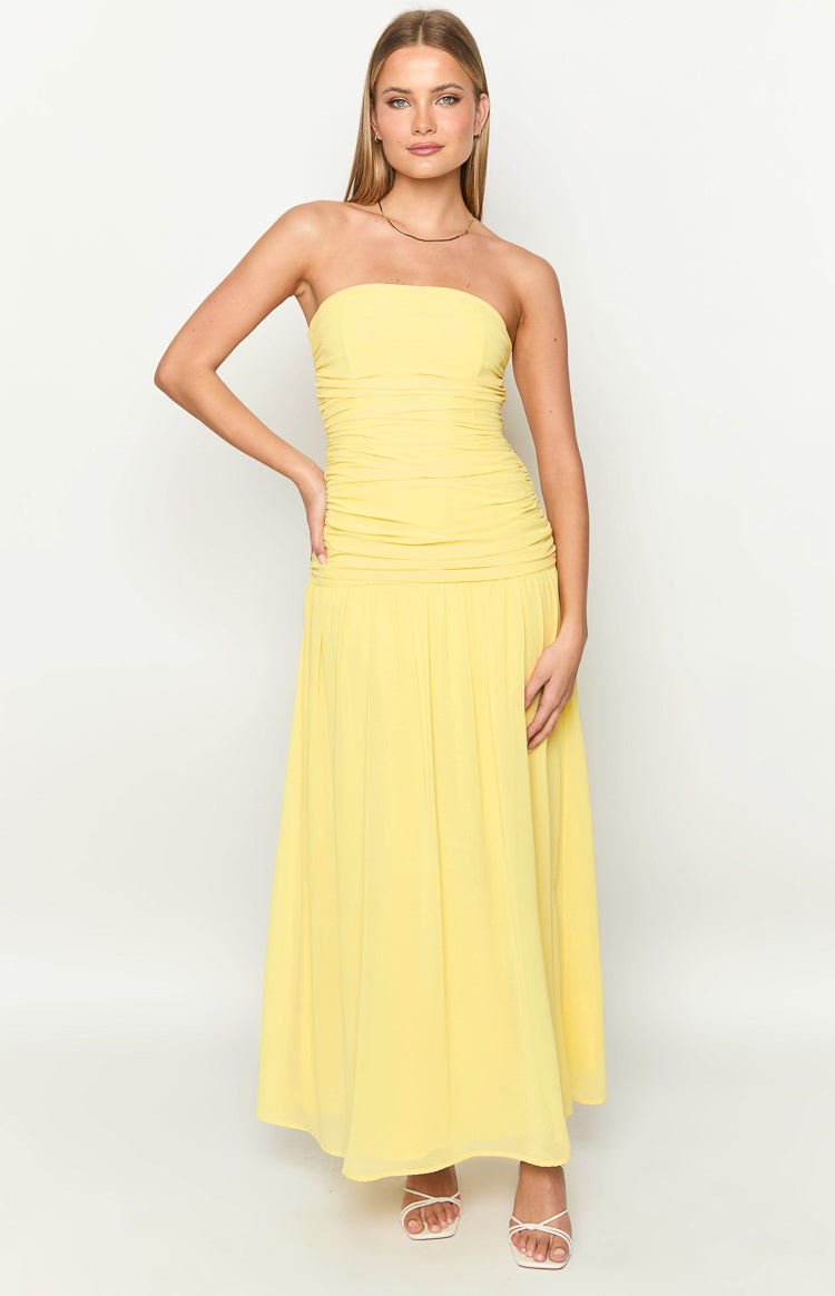 Beginning Boutique Sinclair Yellow Strapless Maxi Dress light yellow strapless ruched bodice maxi dress with a flowy skirt
