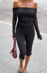 Black mesh off shoulder top with long sheer sleeves and ruched body details