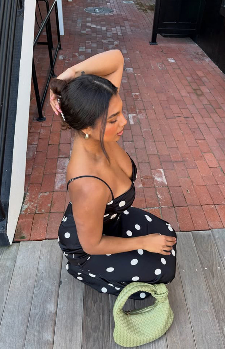 Beginning Boutique Smith Black Satin Spot Maxi Dress black satin maxi dress with white polka dots, sweetheart neckline, spaghetti straps, and ruched bust