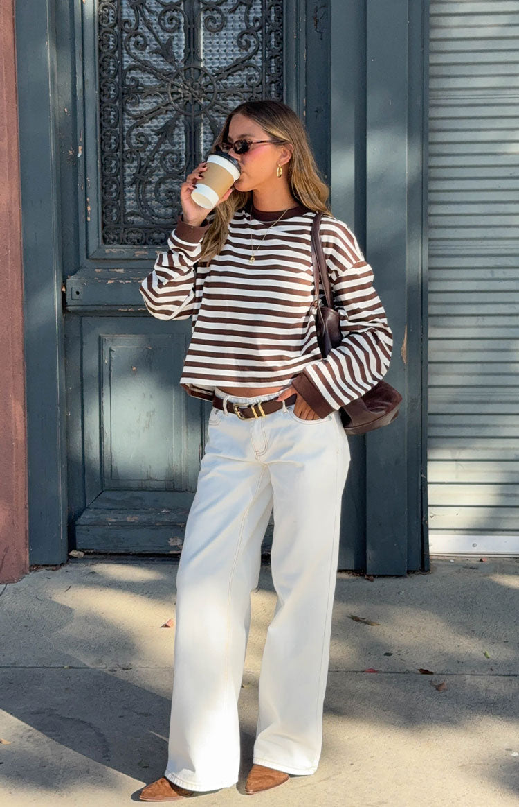 Beginning Boutique So Breezy Chocolate Stripe Long Sleeve Top chocolate and white striped crew neck with dropped shoulders and wide cuffs