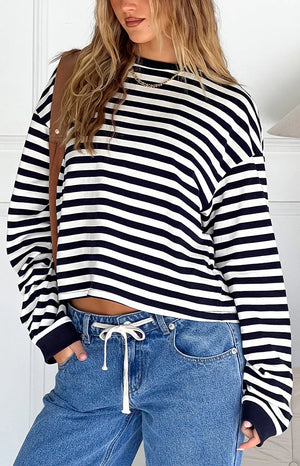 Beginning Boutique So Breezy Navy Stripe Long Sleeve Top navy and white horizontal stripe crew neck long sleeve top with ribb