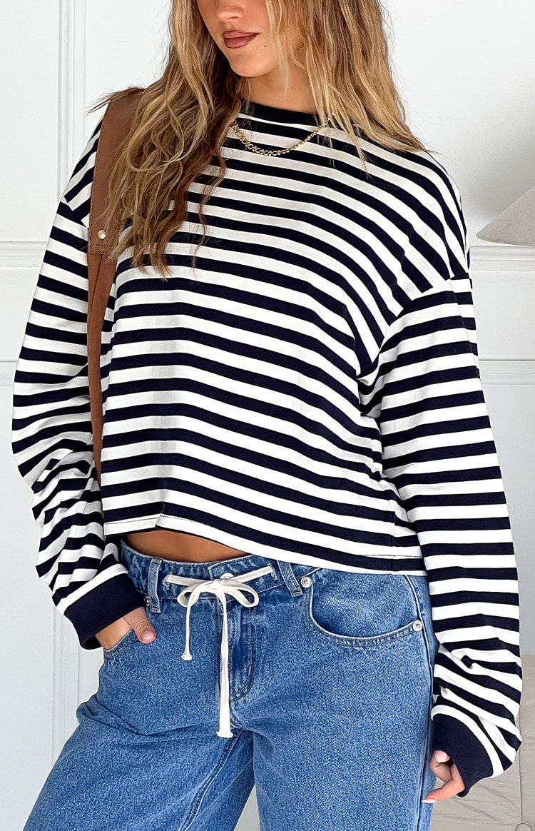Beginning Boutique So Breezy Navy Stripe Long Sleeve Top navy and white striped relaxed fit cropped long sleeve top with crew neck
