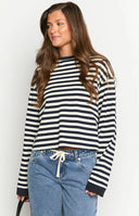 Beginning Boutique So Breezy Navy Stripe Long Sleeve Top navy and white striped relaxed fit crew neck long sleeve top with ri