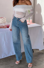 Relaxed fit mid wash straight leg jeans with all-over scattered rhinestone details