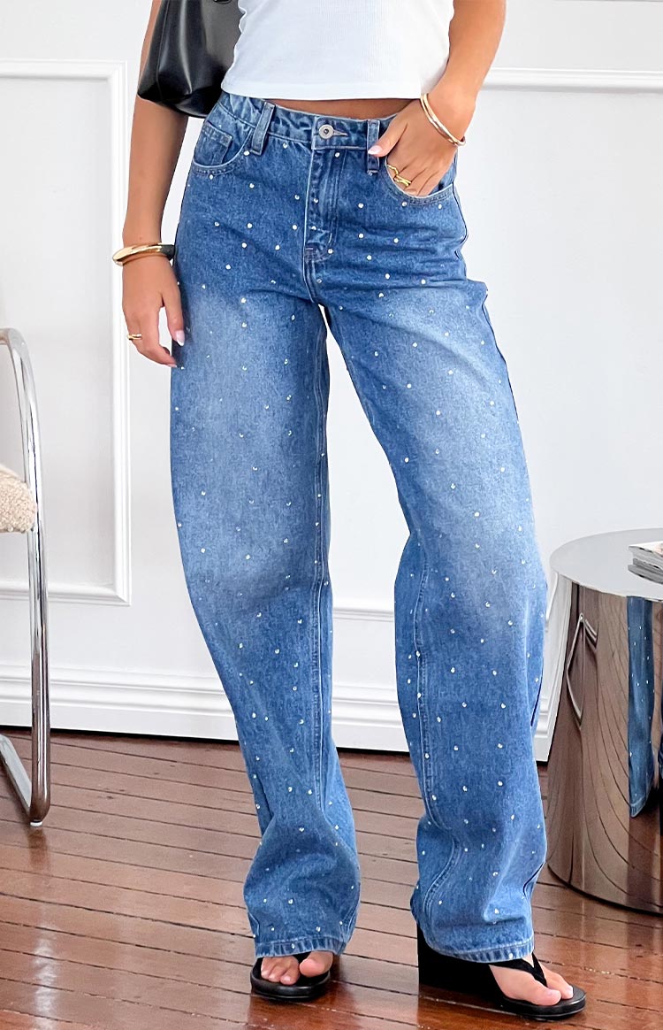 Mid wash straight leg jeans with all-over rhinestone embellishments