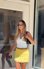 Beginning Boutique Spritz Yellow Sequin Party Mini Skirt yellow sequin mini skirt with large circular sequins