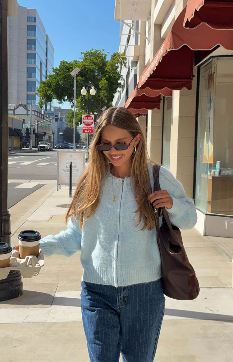 Stacey Light Blue Zip Knit Cardigan