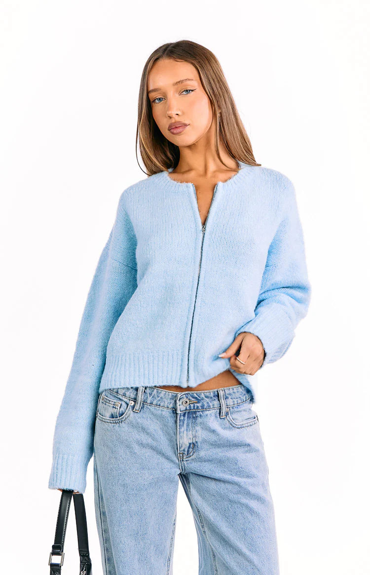 Stacey Light Blue Zip Knit Cardigan