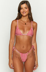 Red gingham triangle bikini top with thin adjustable straps and matching tie-side bottoms
