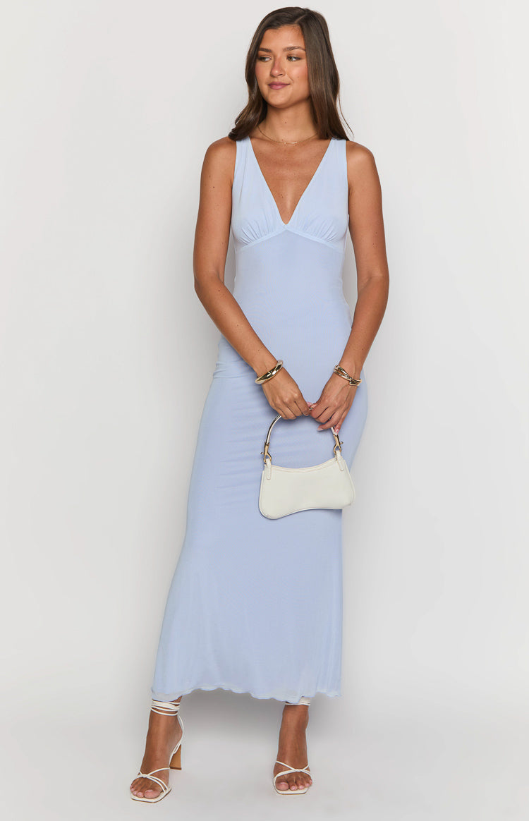 Lilac mesh V-neck sleeveless maxi dress with ruched bust and lettuce hem