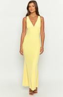 Beginning Boutique Sunflower Yellow Mesh Maxi Dress sunflower yellow mesh V-neck maxi dress with spaghetti straps and ruched bust