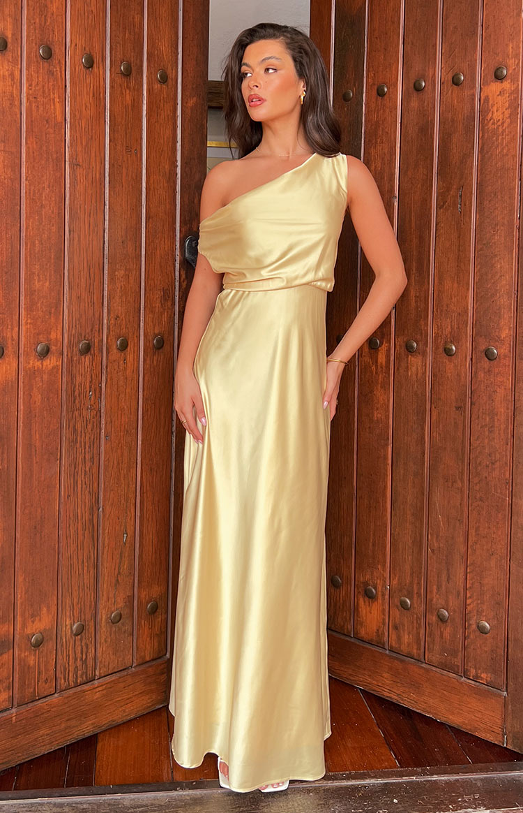 yellow satin one shoulder formal dress