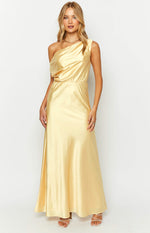 Front view of a yellow satin maxi dress with a draped one-shoulder neckline and elasticated waist