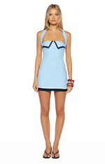 Light blue micro mini dress with a halter neckline, V-shaped bust trim, and navy striped hem