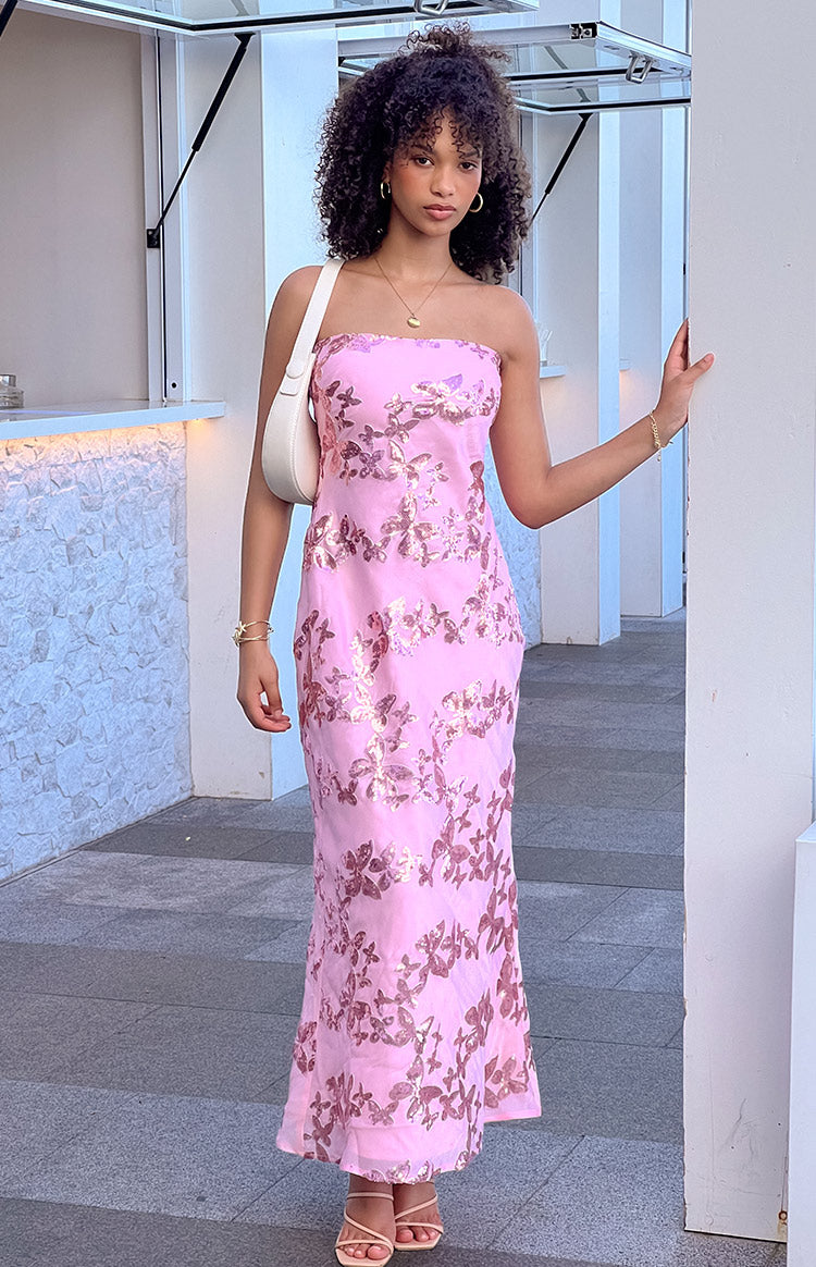 Beginning Boutique Tari Pink Butterfly Sequin Maxi Dress pink strapless maxi dress with rose gold butterfly sequins