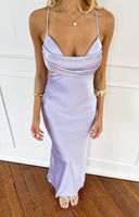 Beginning Boutique Taleah Lilac Cut Out Maxi Dress lilac satin cowl neck maxi dress with spaghetti straps and side cutouts