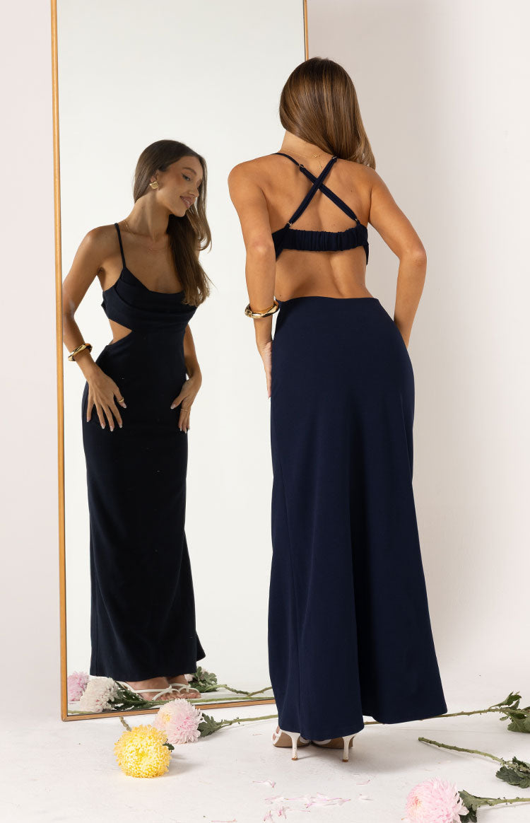 Beginning Boutique Taleah Navy Crepe Formal Maxi Dress navy crepe cowl neck maxi with spaghetti straps, side cutouts, and criss-cross back