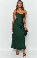 Beginning Boutique Taleah Cut Out Maxi Dress Green emerald satin cowl neck maxi dress with side cutouts and spaghetti straps