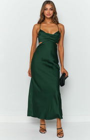 Dark green satin maxi dress with a draped cowl neckline and side waist cutouts