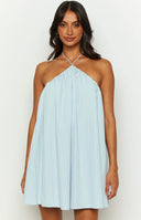 Beginning Boutique Talei Blue Halter Puff Mini Dress light blue voluminous halter neck mini dress with thin white tie straps