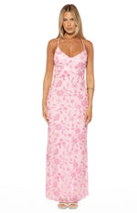 Pink sequin floral embroidered maxi dress with V-neckline and thin spaghetti straps