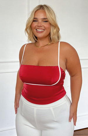 Beginning Boutique Tamra Red Low Back Top red satin fitted top with square neckline white piping and thin spaghetti straps
