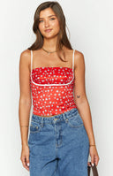 Beginning Boutique Tamra Red Floral Low Back Top red floral print fitted top with white spaghetti straps and low back