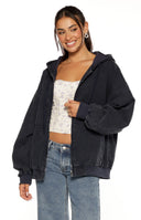 Beginning Boutique Tate Washed Navy Oversized Hooded Jacket washed navy oversized hooded jacket with full zip front and elast