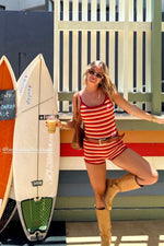 Beginning Boutique Tatum Orange Stripe Knit Playsuit orange red white stripe knit scoop neck spaghetti strap playsuit