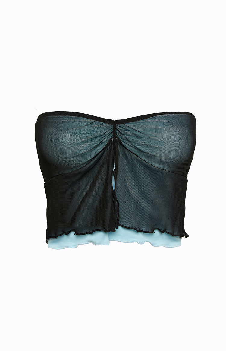Flat lay of a black mesh strapless top with a ruched front and light blue underlayer with ruffled hem