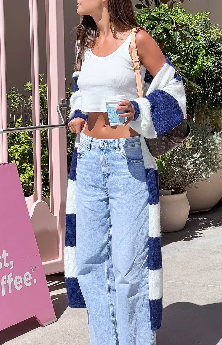 Beginning Boutique Thaddeus Blue And White Striped Knit Cardigan longline open knit cardigan with wide horizontal and vertical stripes