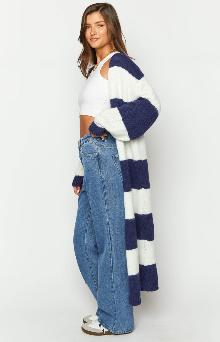 Thaddeus Blue And White Striped Knit Cardigan Image