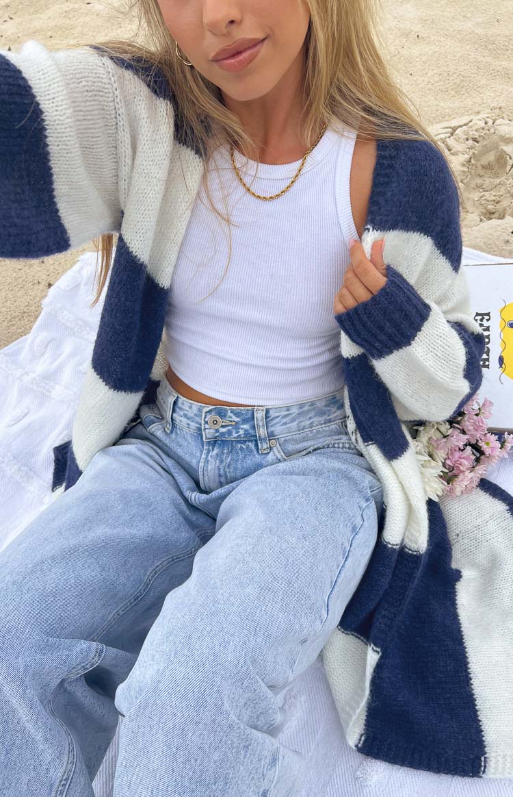 Thaddeus Blue And White Striped Knit Cardigan Image