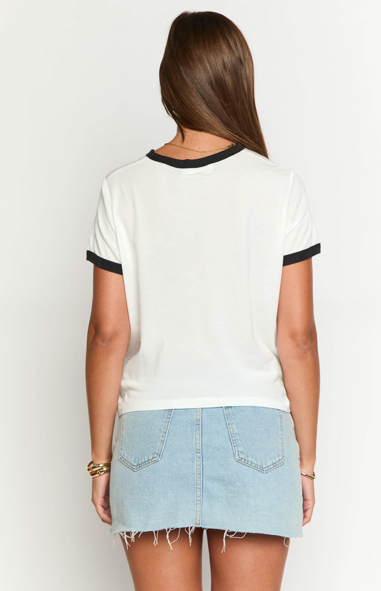 Rear view of a white tee with black ribbed trim on the crew neck and short sleeves