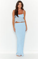 Light blue crinkled maxi skirt with a straight, fitted silhouette