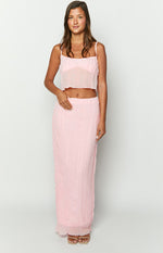 Pink crinkled maxi skirt with a relaxed fit and elasticated waist