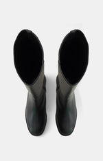 Overhead view of the black PU riding boots showing the wide shaft opening and rounded toe shape