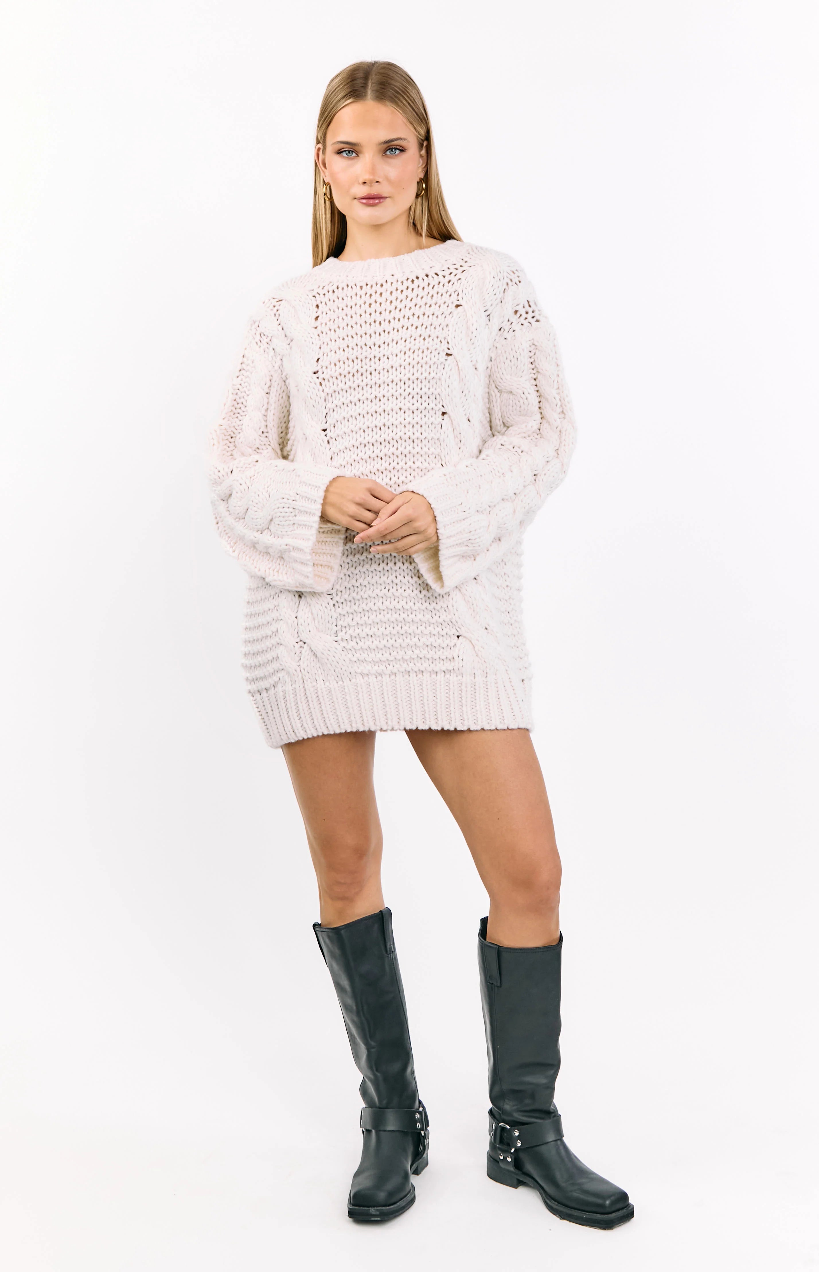 cream cable knit sweater dress Women's Winter Warm Knitted Jumper Ladies Long Maxi Dresses Great for any cup size Cable Knit V Neck Sweater