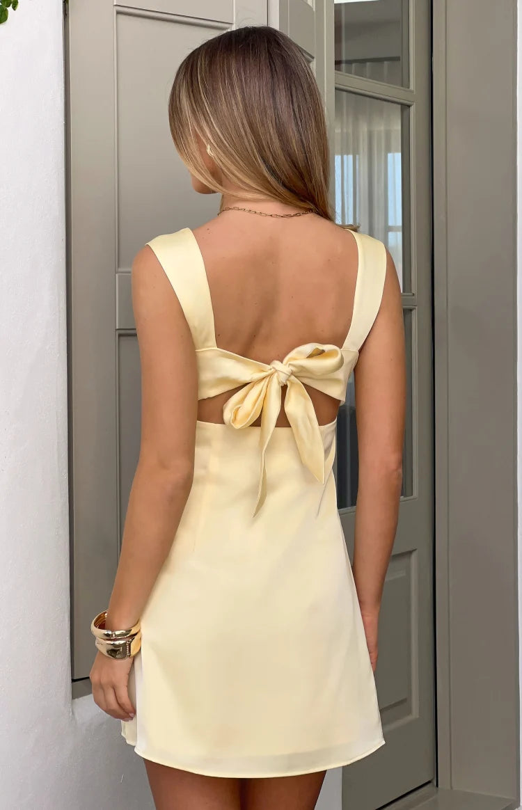 Tiera Yellow Satin Bow Detail Party Mini Dress
